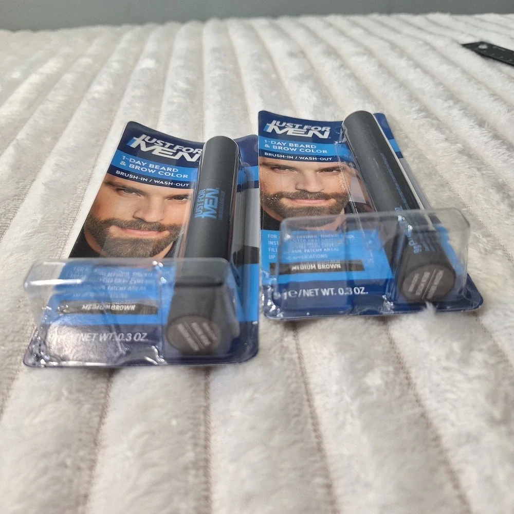 2 Pk JUST FOR MEN 1-Day BEARD  BROW Temporary COLOR for Beard Eyebrows MED BROWN
